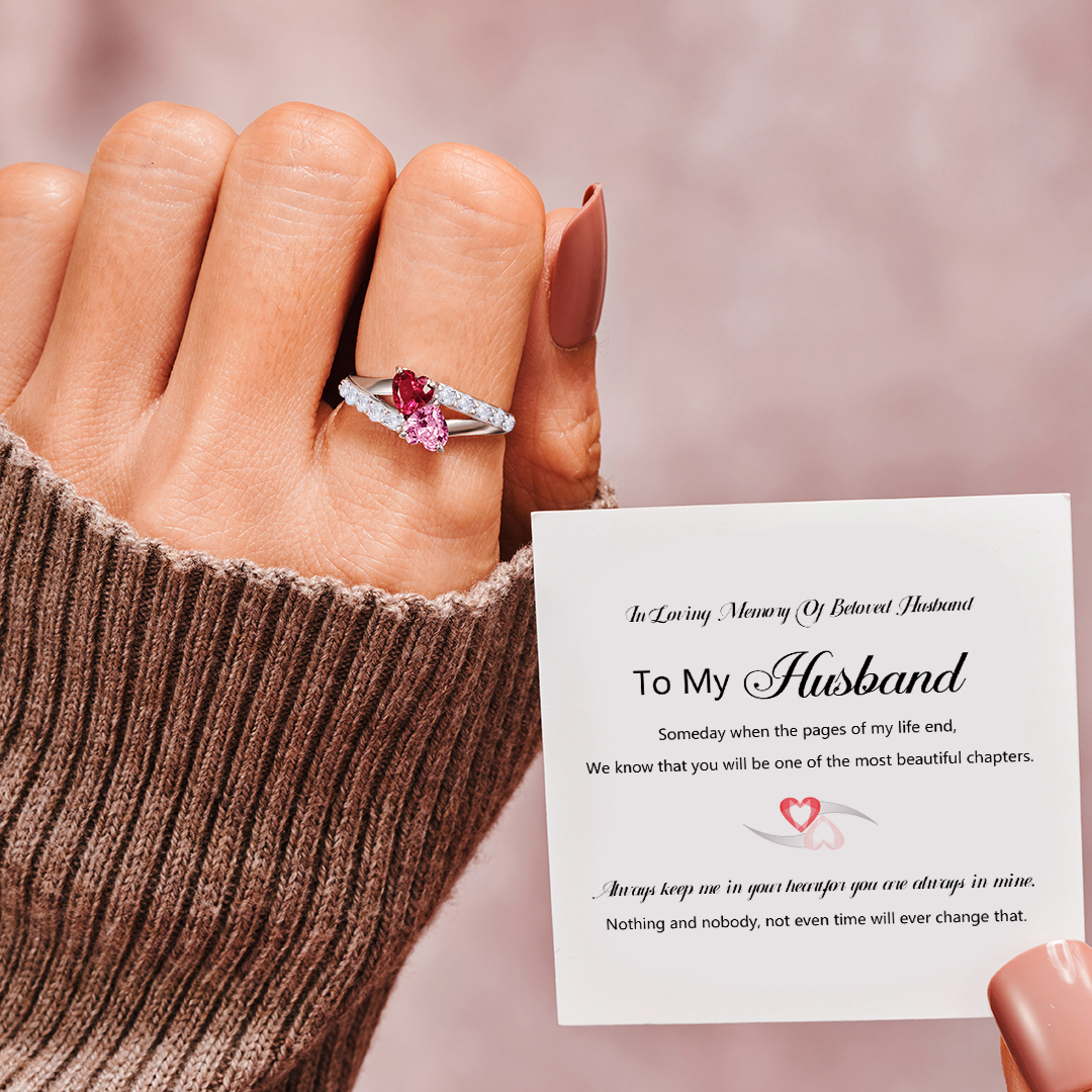 In Loving Memory Of Beloved Husband Two Heart Birthstones Ring
