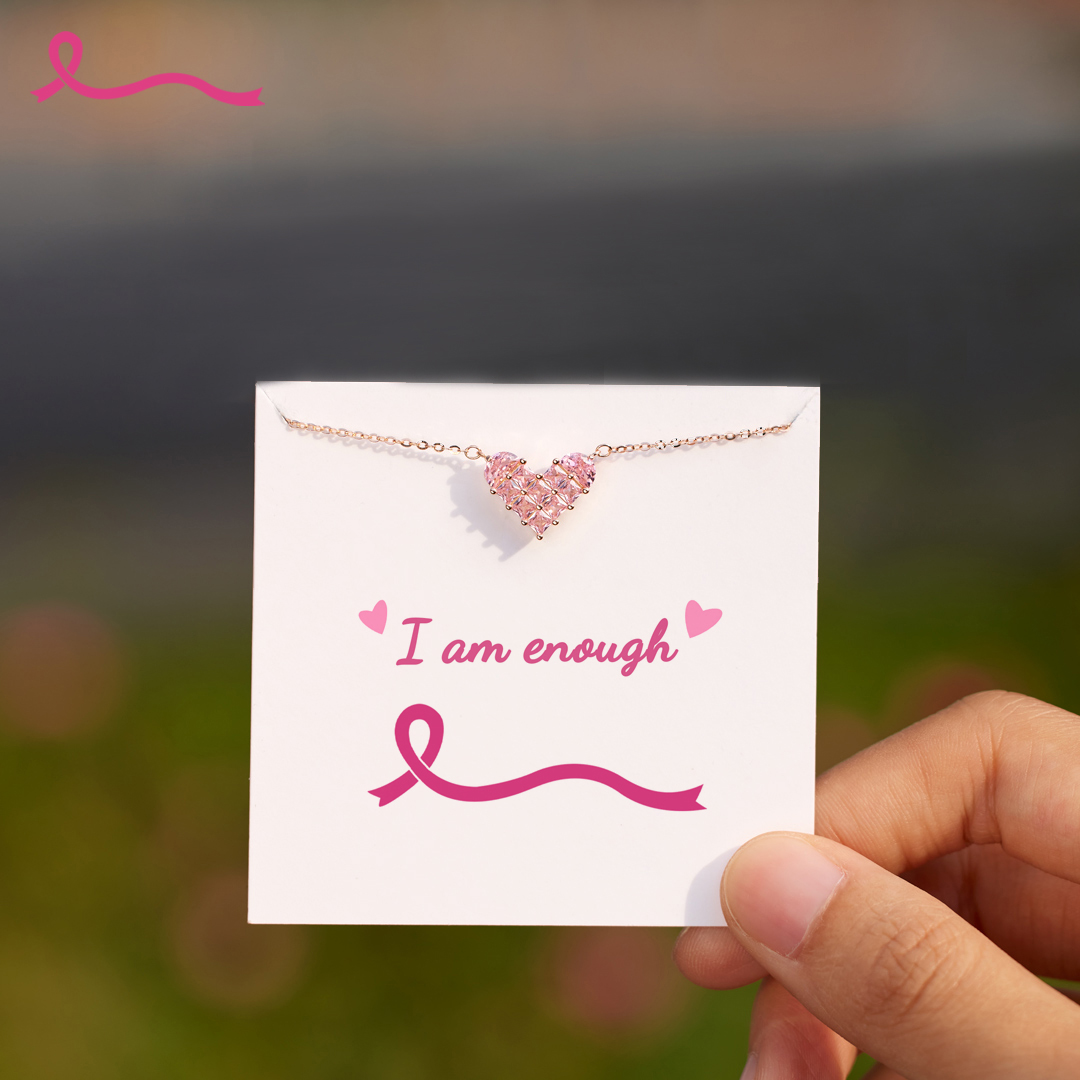 I Am Enough To Defeat Breast Cancer Pink Heart Necklace