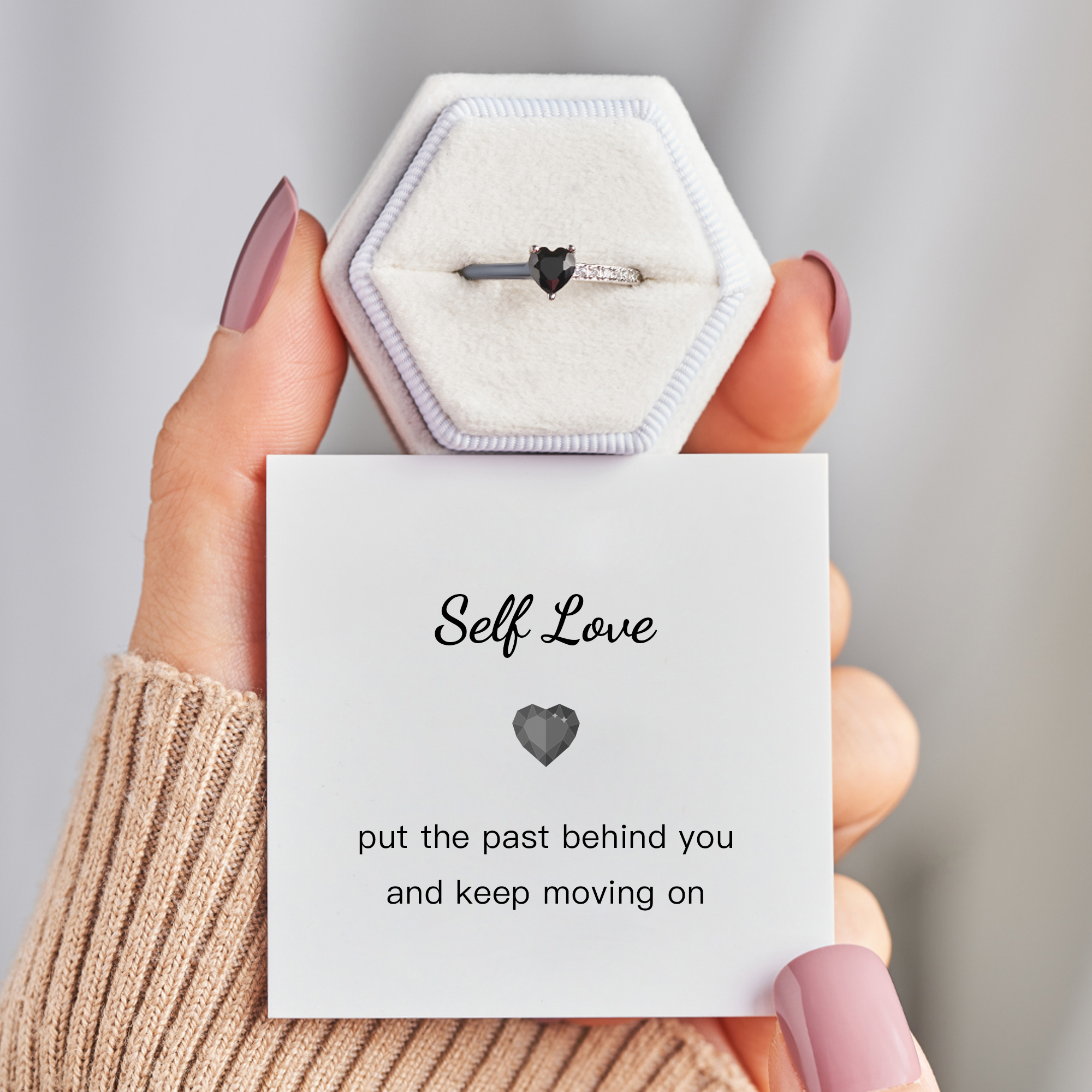 Keep Moving On Self Love Black Enamel Heart Ring