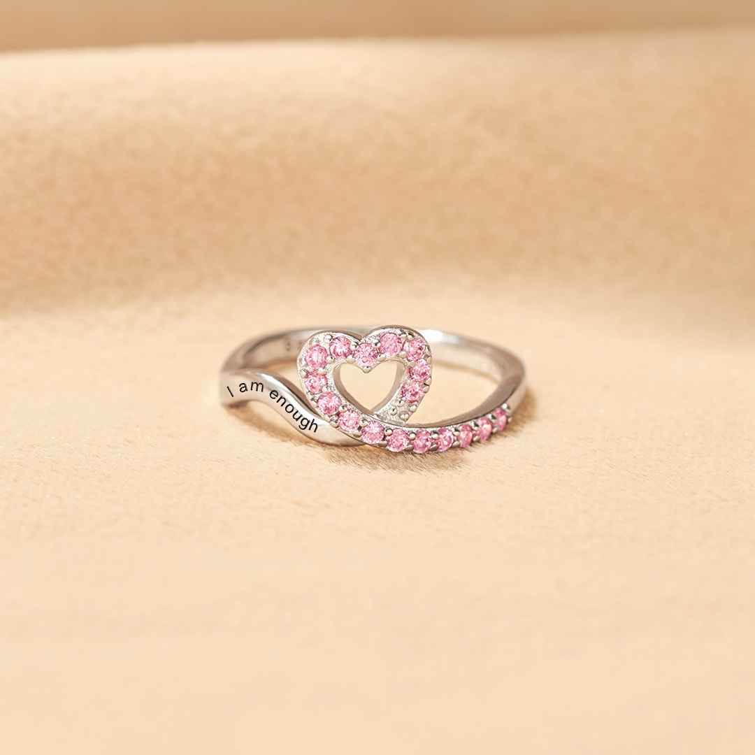 S925 Raise Confidence I Am Enough Red Ribbon Heart Ring