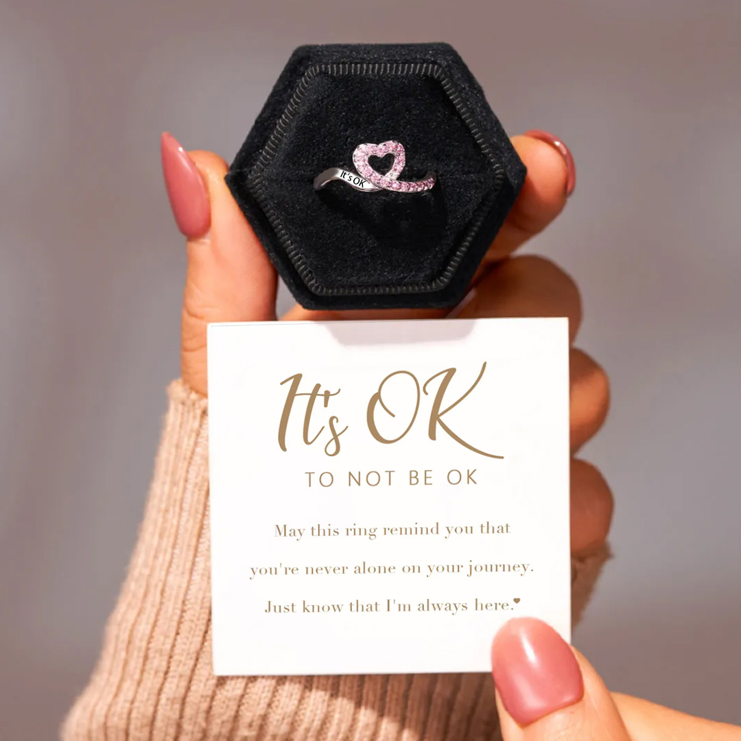 It's OK To Not Be OK Pink Ribbon Heart Ring
