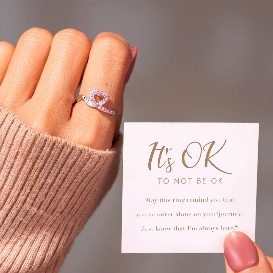 It's OK To Not Be OK Pink Ribbon Heart Ring