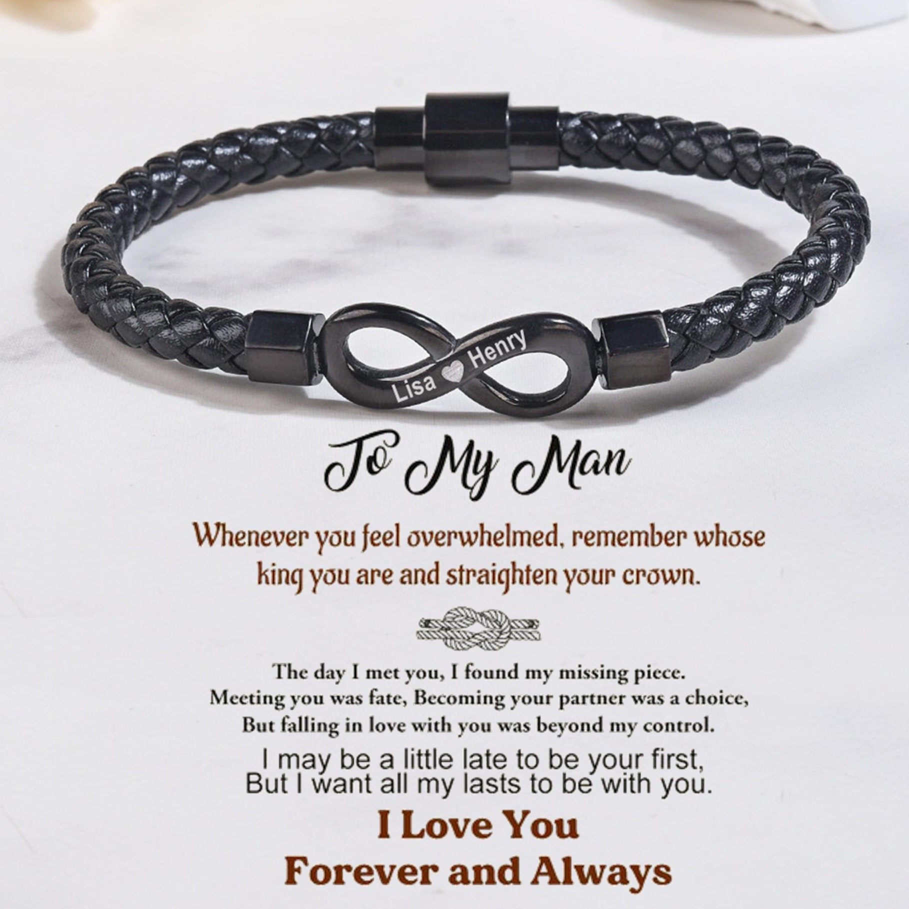 To My Man Soulmate Gift Personalized Infinity Leather Bracelet