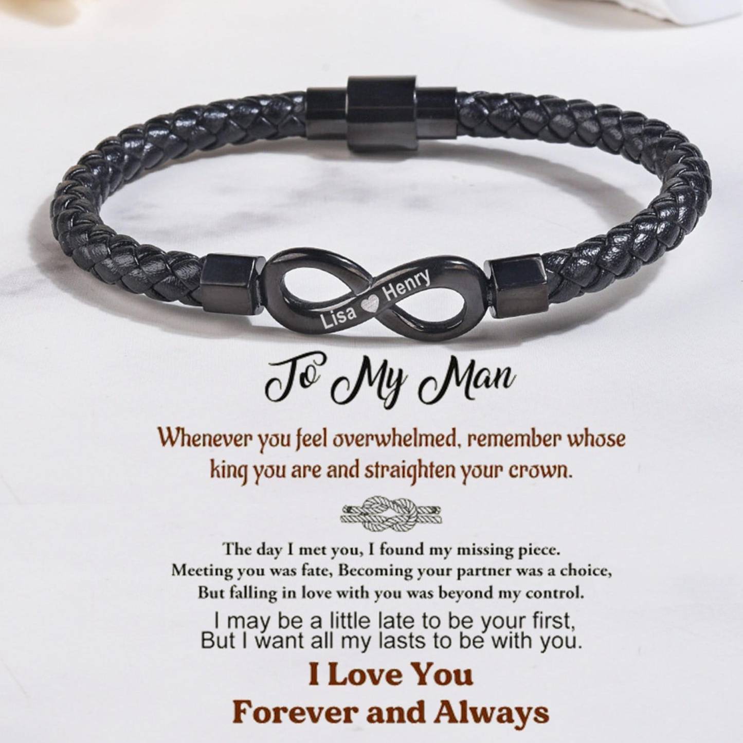 To My Man Soulmate Gift Personalized Infinity Leather Bracelet