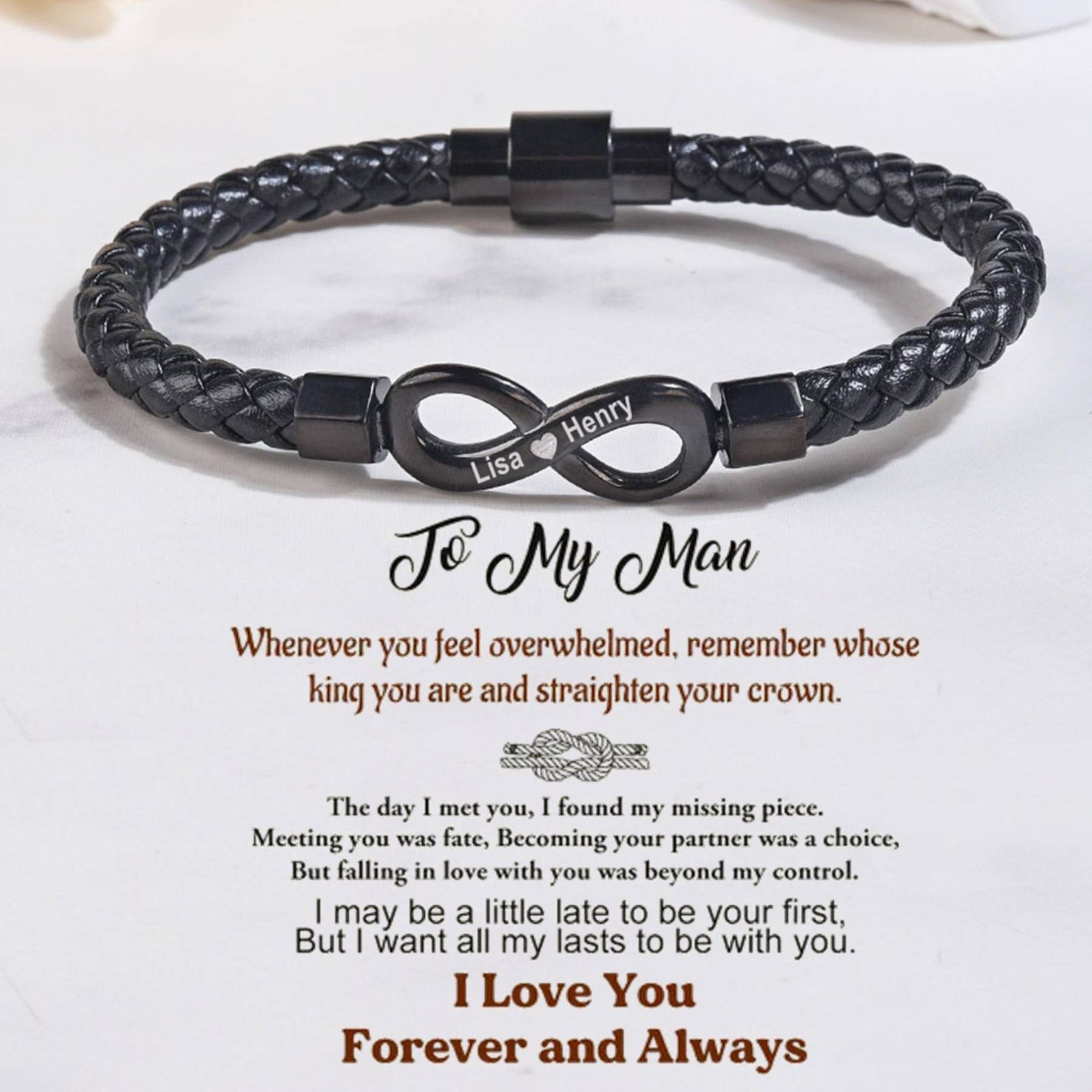 To My Man Soulmate Gift Personalized Infinity Leather Bracelet