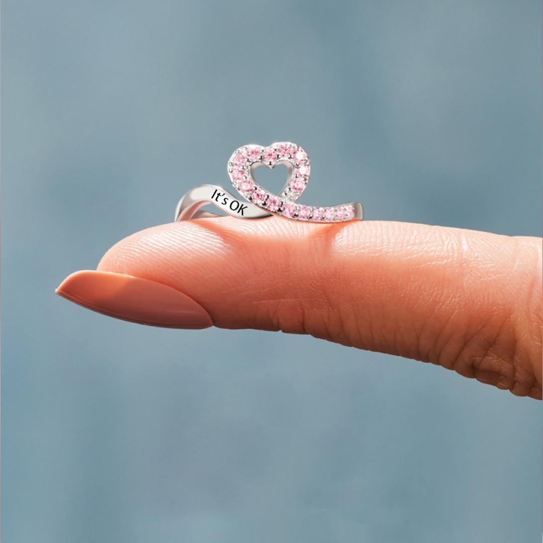 It's OK To Not Be OK Pink Ribbon Heart Ring