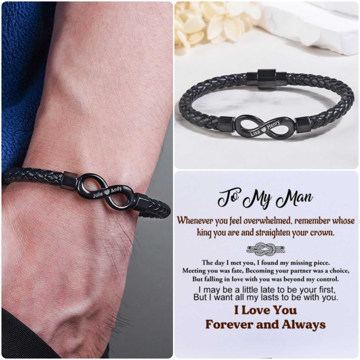 To My Man Soulmate Gift Personalized Infinity Leather Bracelet