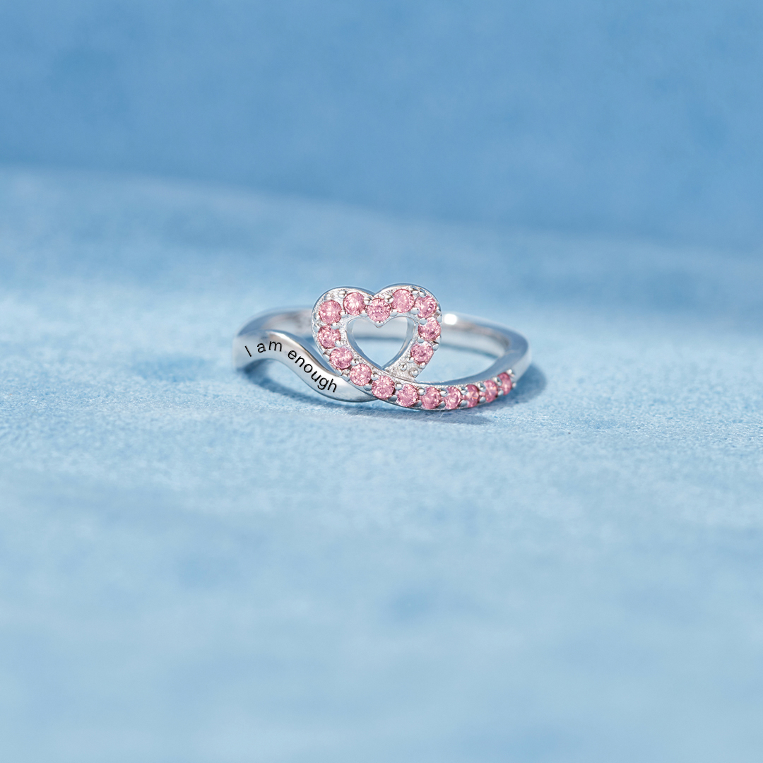 S925 Raise Confidence I Am Enough Red Ribbon Heart Ring