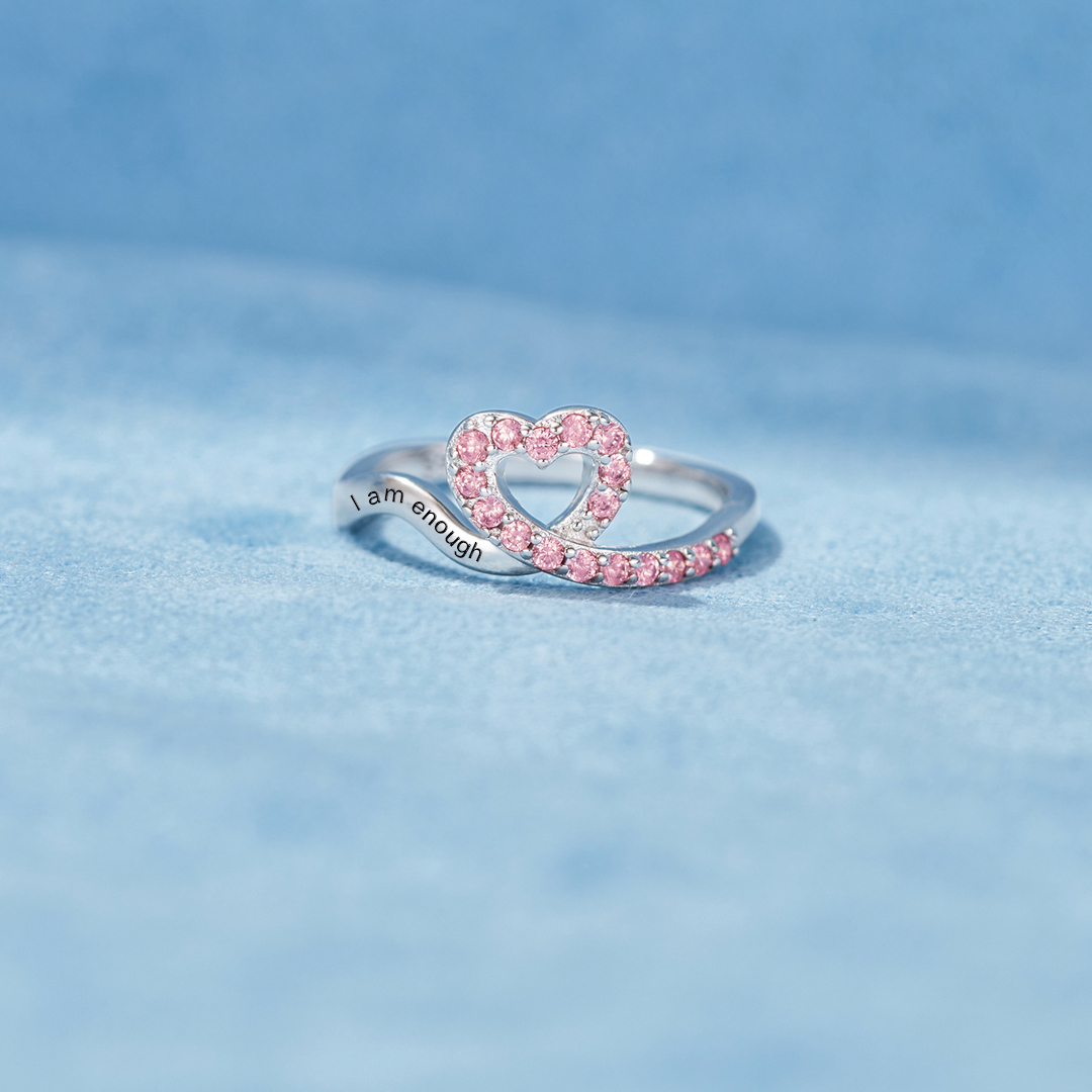 S925 Raise Confidence I Am Enough Red Ribbon Heart Ring