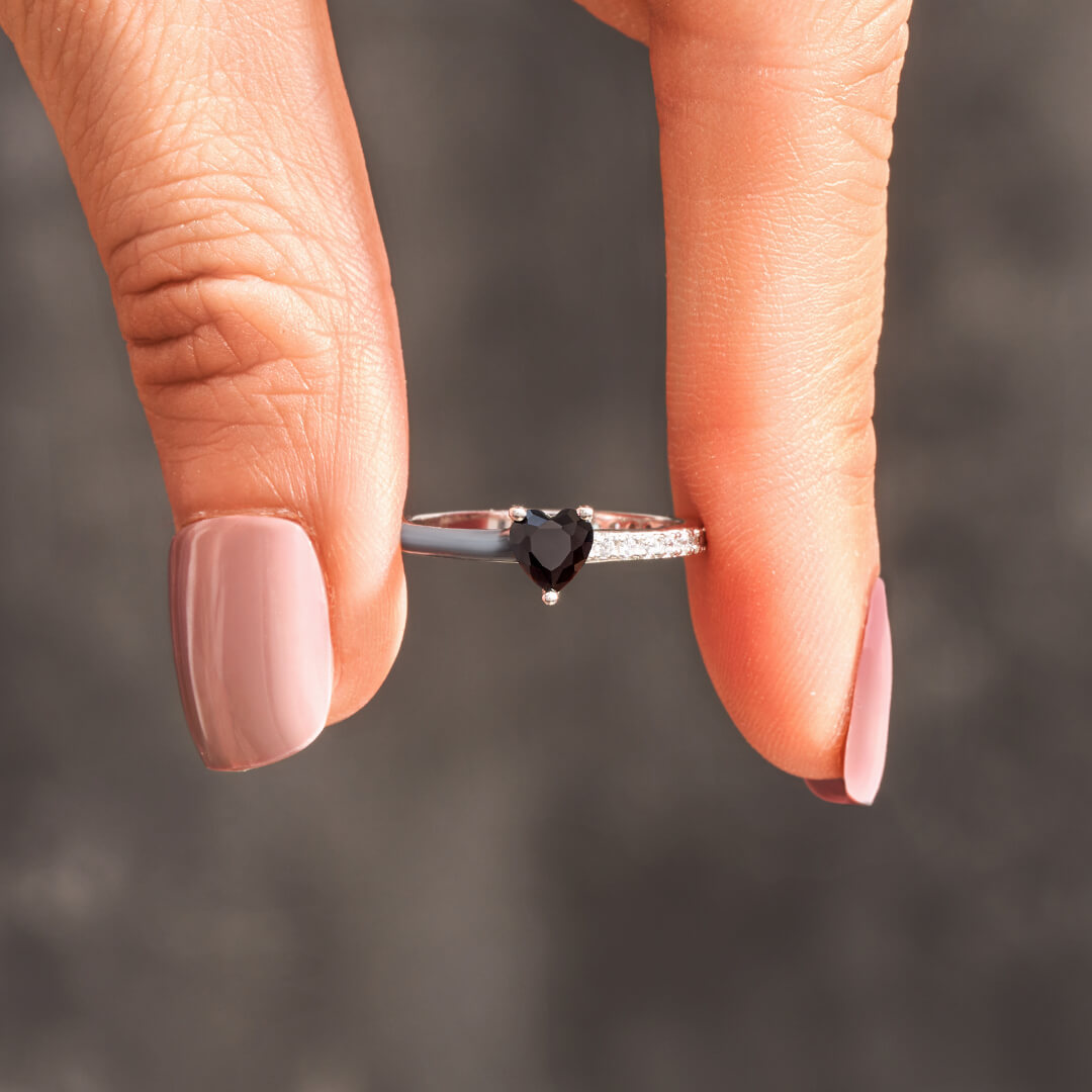 S925 Love Me Until Me Black Half Enamel Heart Ring
