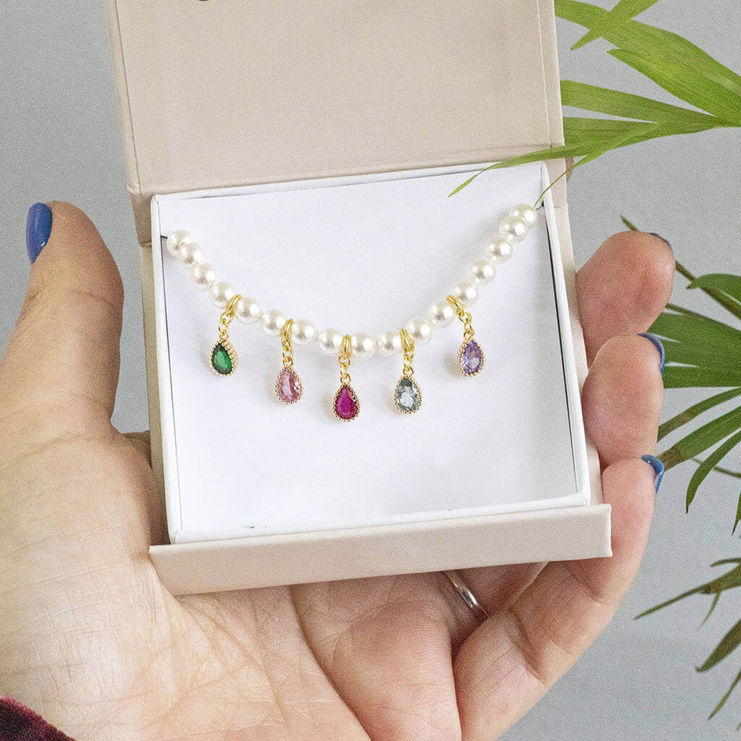 Custom 1-6 Teardrop Birthstones Pearl Bracelet