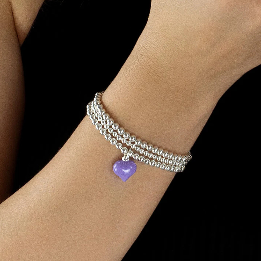 Lupus Awareness Silver Purple Puff Heart Charm Bracelet