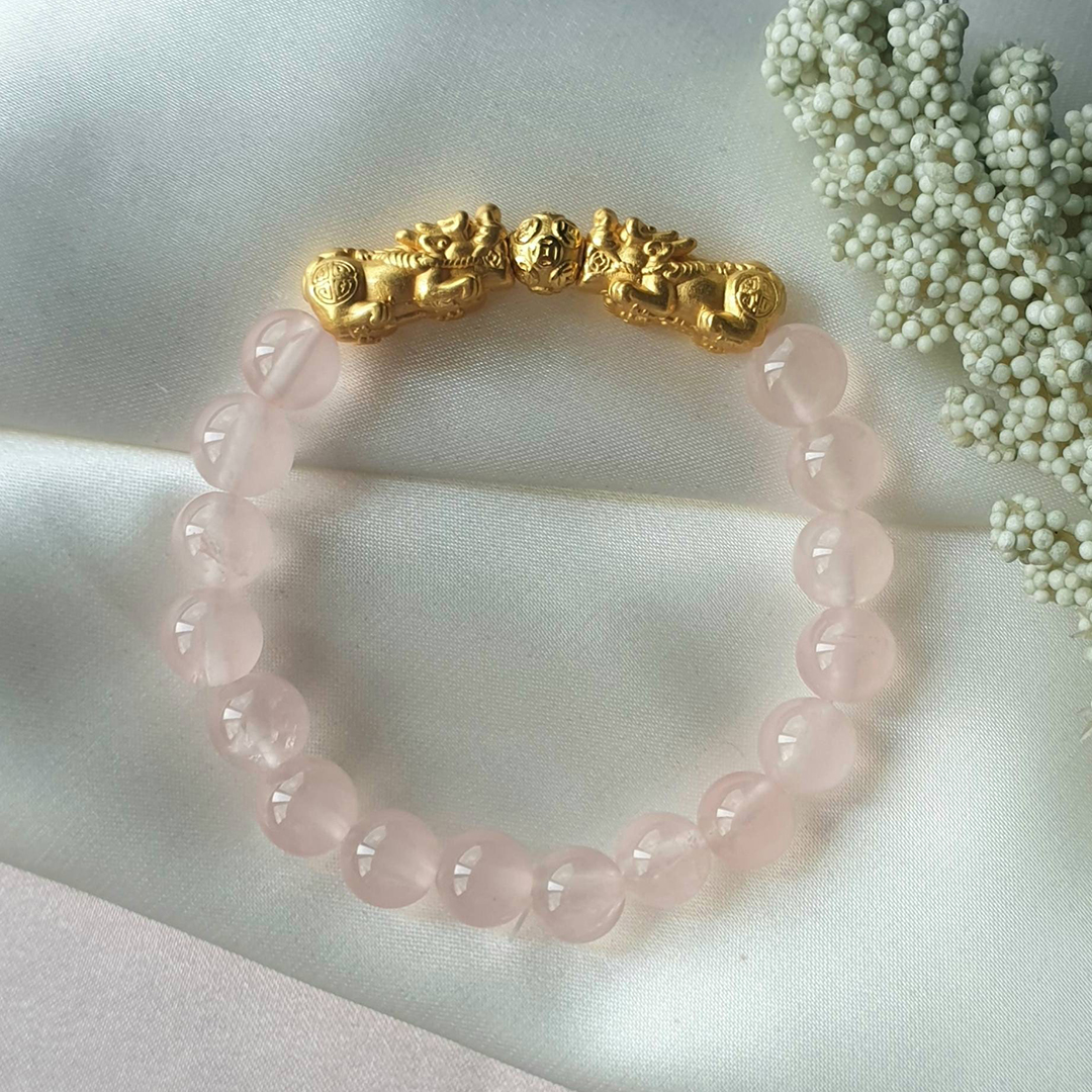 Brazilian Rose Quartz Double Pixiu Bracelet for Love, Wealth & Good Fortune