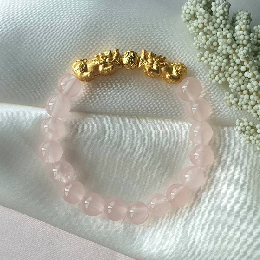 Brazilian Rose Quartz Double Pixiu Bracelet for Love, Wealth & Good Fortune