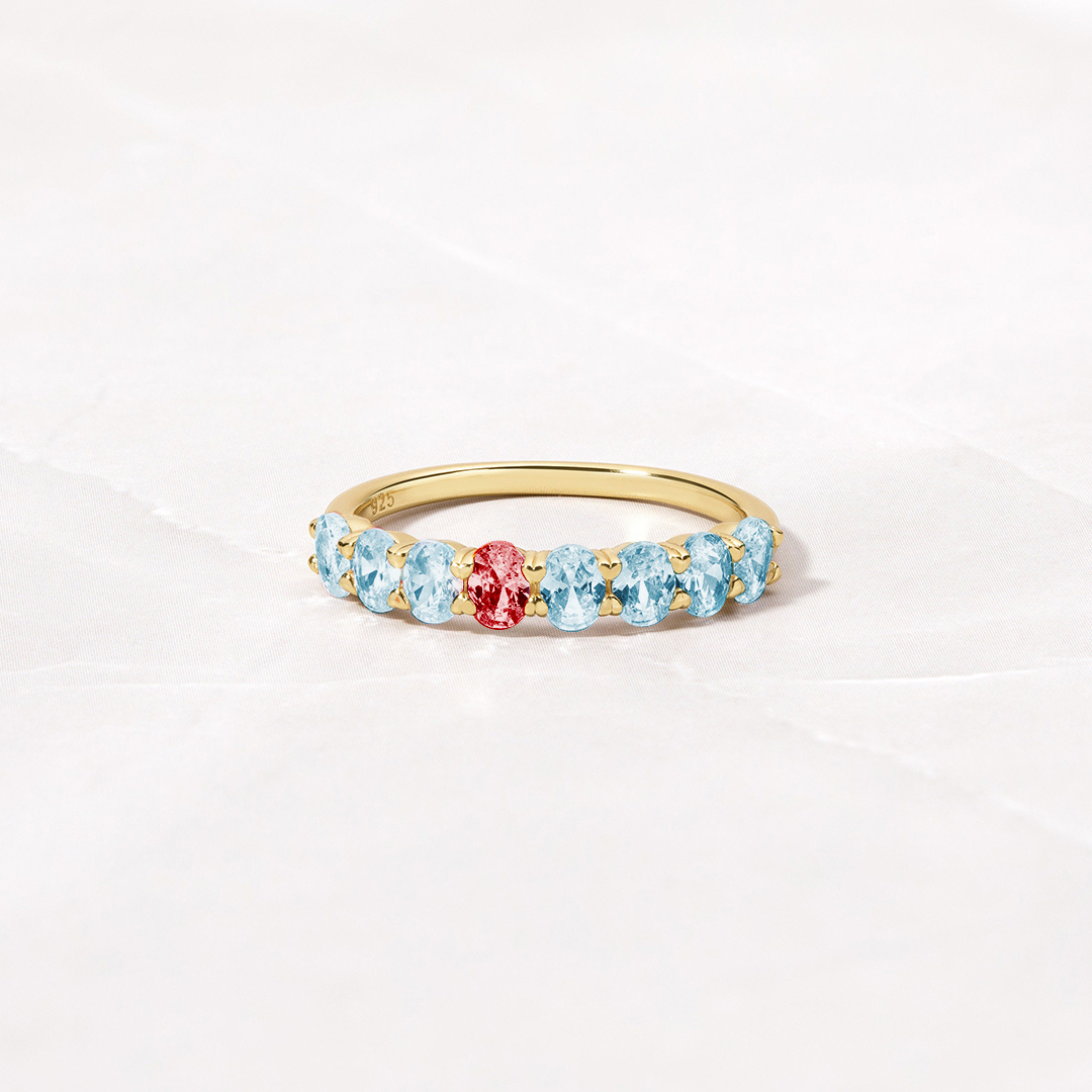 Diabetes Awareness Blue And Red Oval Diamonds Ring