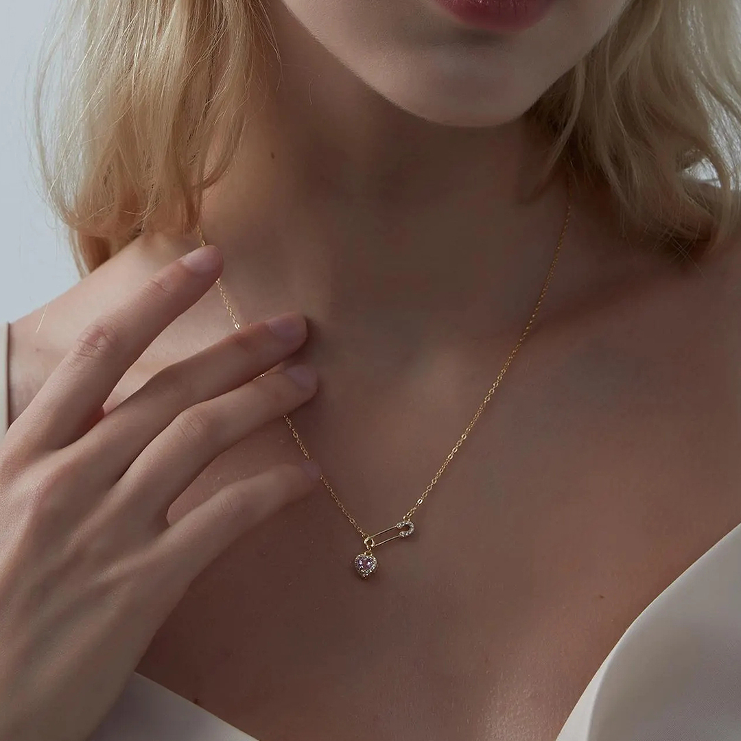 Pink Heart Safety Pin Friendship Necklace