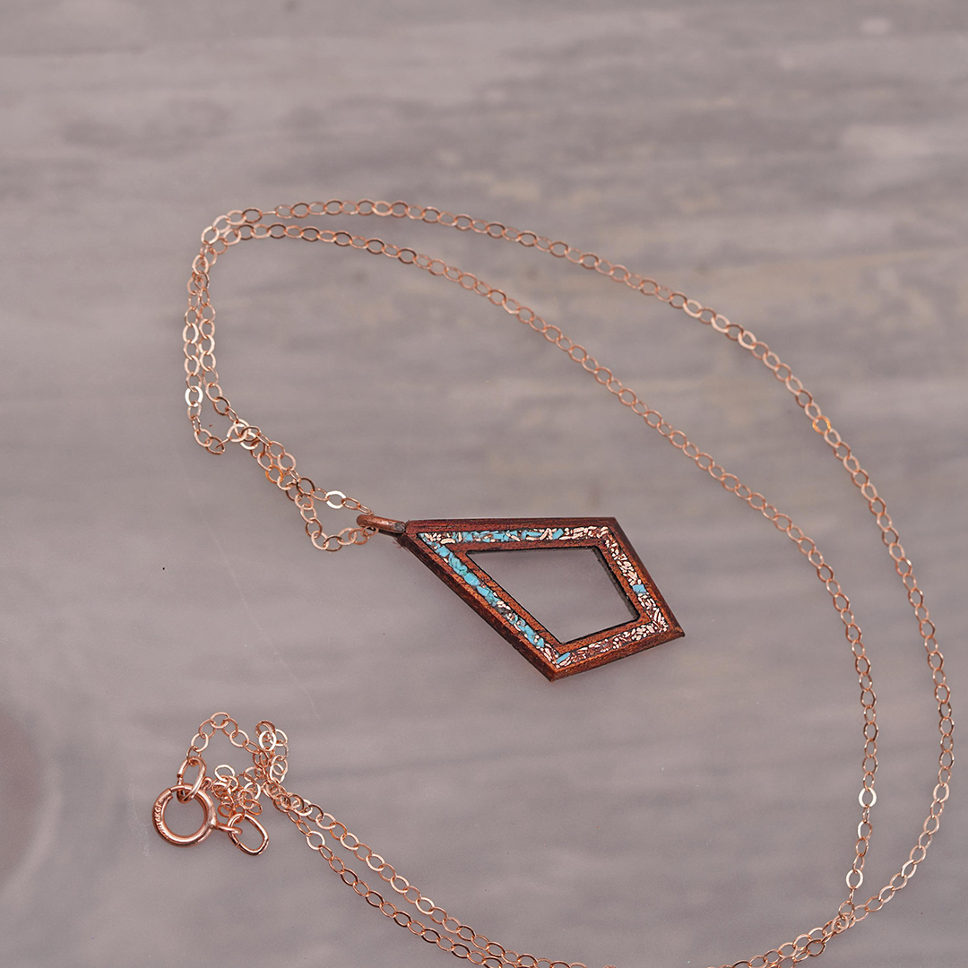Turquoise and Copper Inlaid Koa Wood Teardrop Necklace