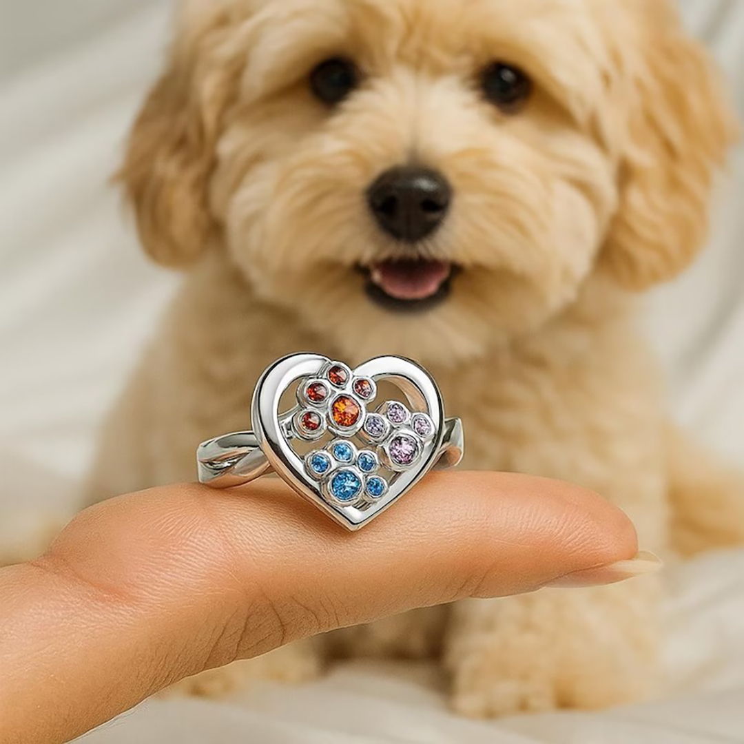 Personalized 1-3 Birthstones And Name Pawprints of Love Ring