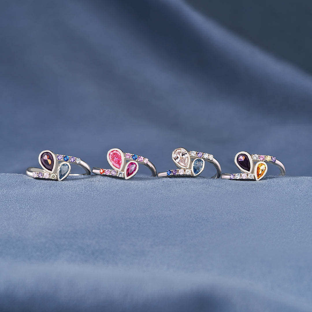 S925 Personalized Kids and Parents Birthstones Double drop Heart Ring