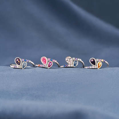 S925 Personalized Kids and Parents Birthstones Double drop Heart Ring