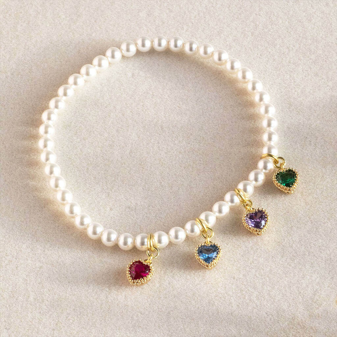 Custom 1-6 Heart Birthstones Pearl Bracelet