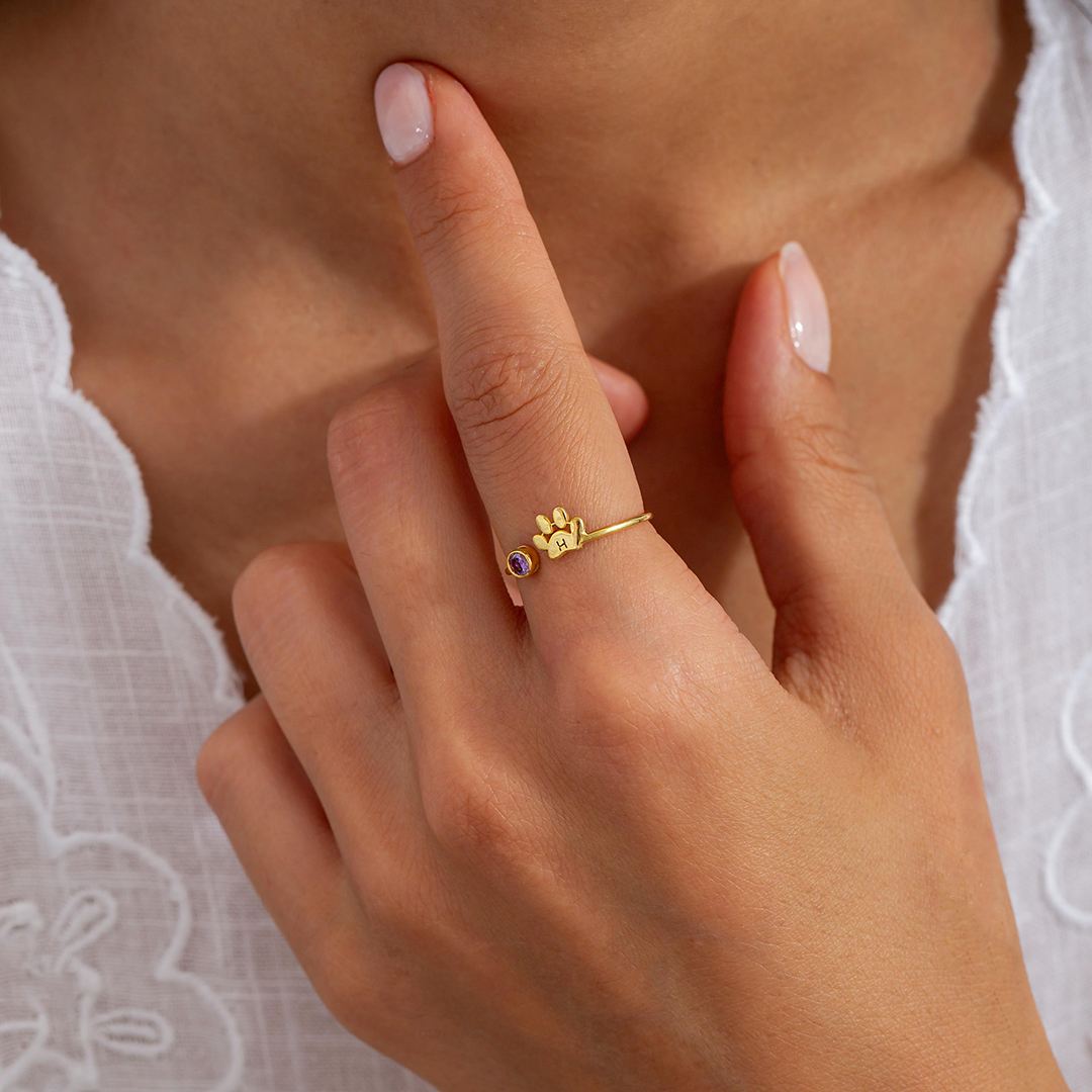 Custom Engraved Paw Birthstone Ring