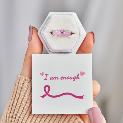S925 Raise Confidence I Am Enough Pink Enamel Heart Ring