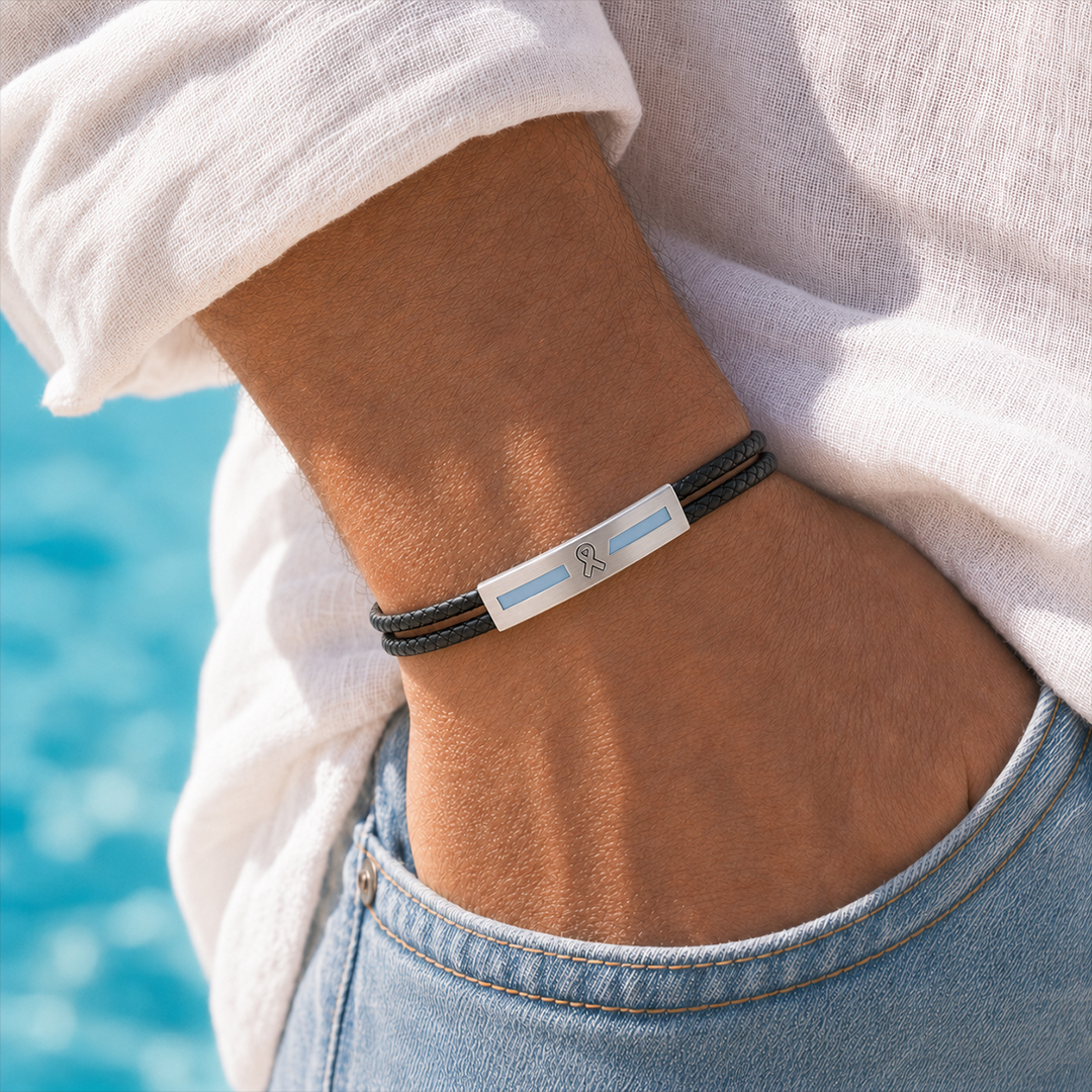 Prostate Cancer Awareness Light Blue Hope Support Leather Magnetic Therapy Bracelet