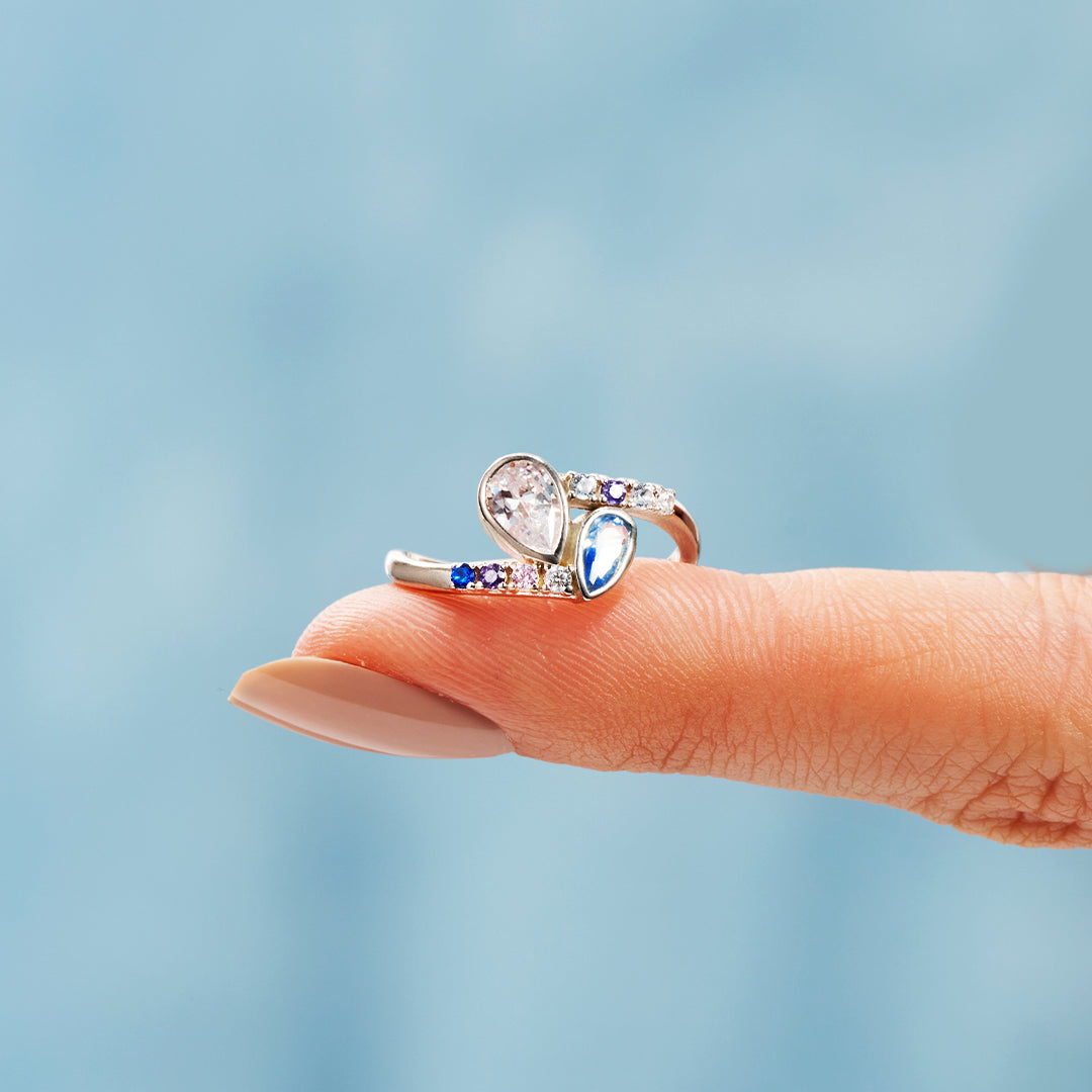 S925 Personalized Kids and Parents Birthstones Double drop Heart Ring