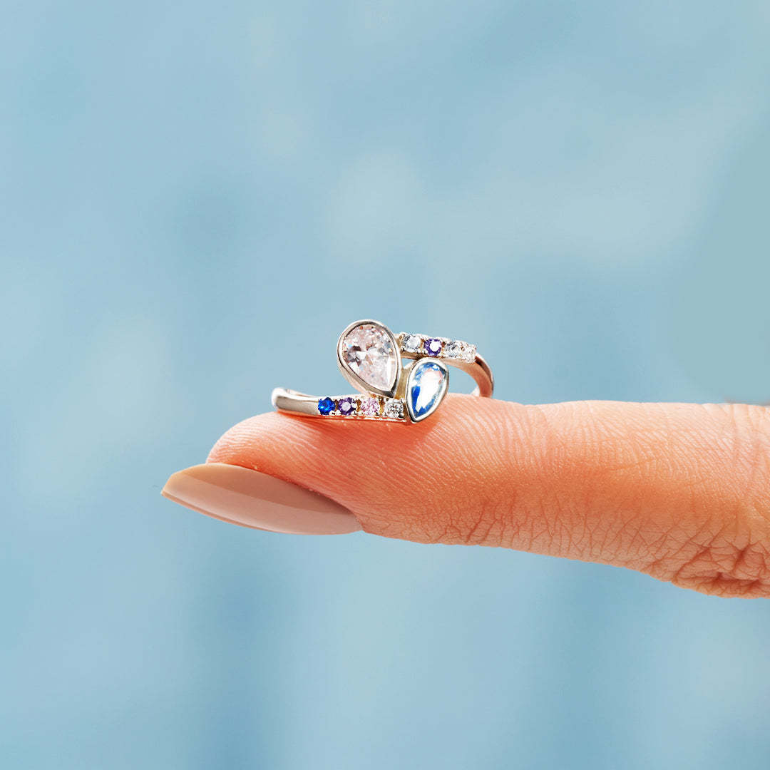 S925 Personalized Kids and Parents Birthstones Double drop Heart Ring