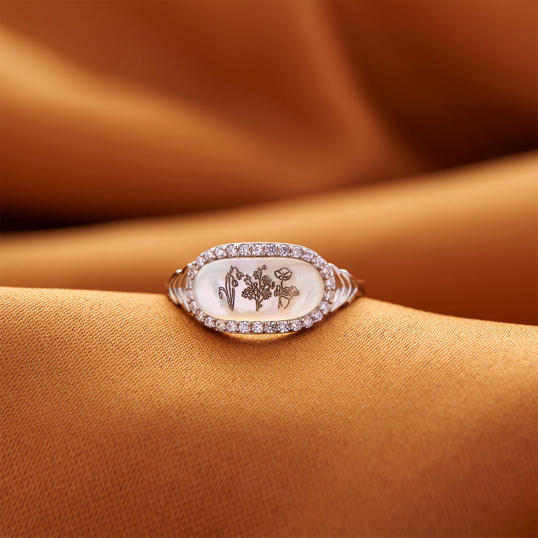 Family Wildflowers Garden Engraved Birth Flowers Shell Ring