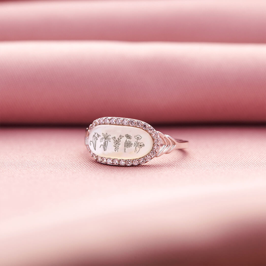 Family Wildflowers Garden Engraved Birth Flowers Shell Ring