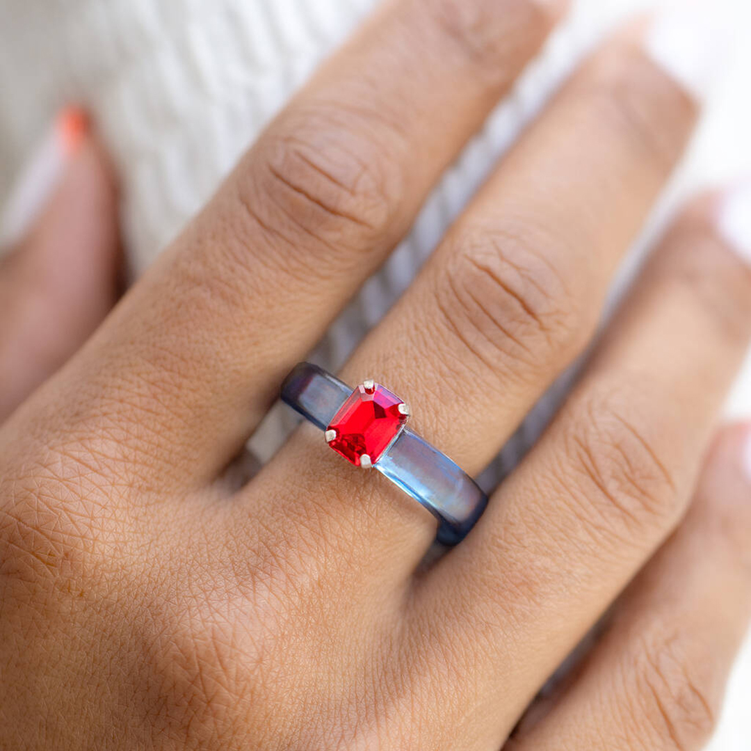 Diabetes Gift Blue Resin With Red Rhinestone Ring
