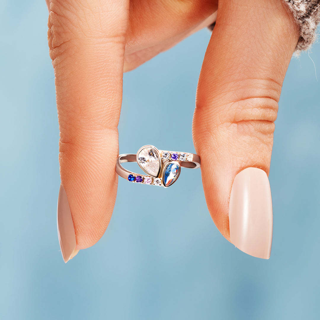 S925 Personalized Kids and Parents Birthstones Double drop Heart Ring