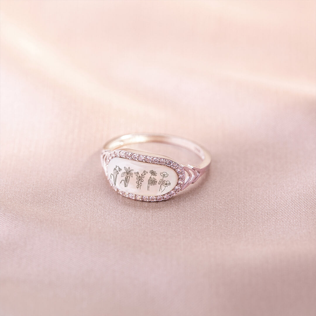 Family Wildflowers Garden Engraved Birth Flowers Shell Ring