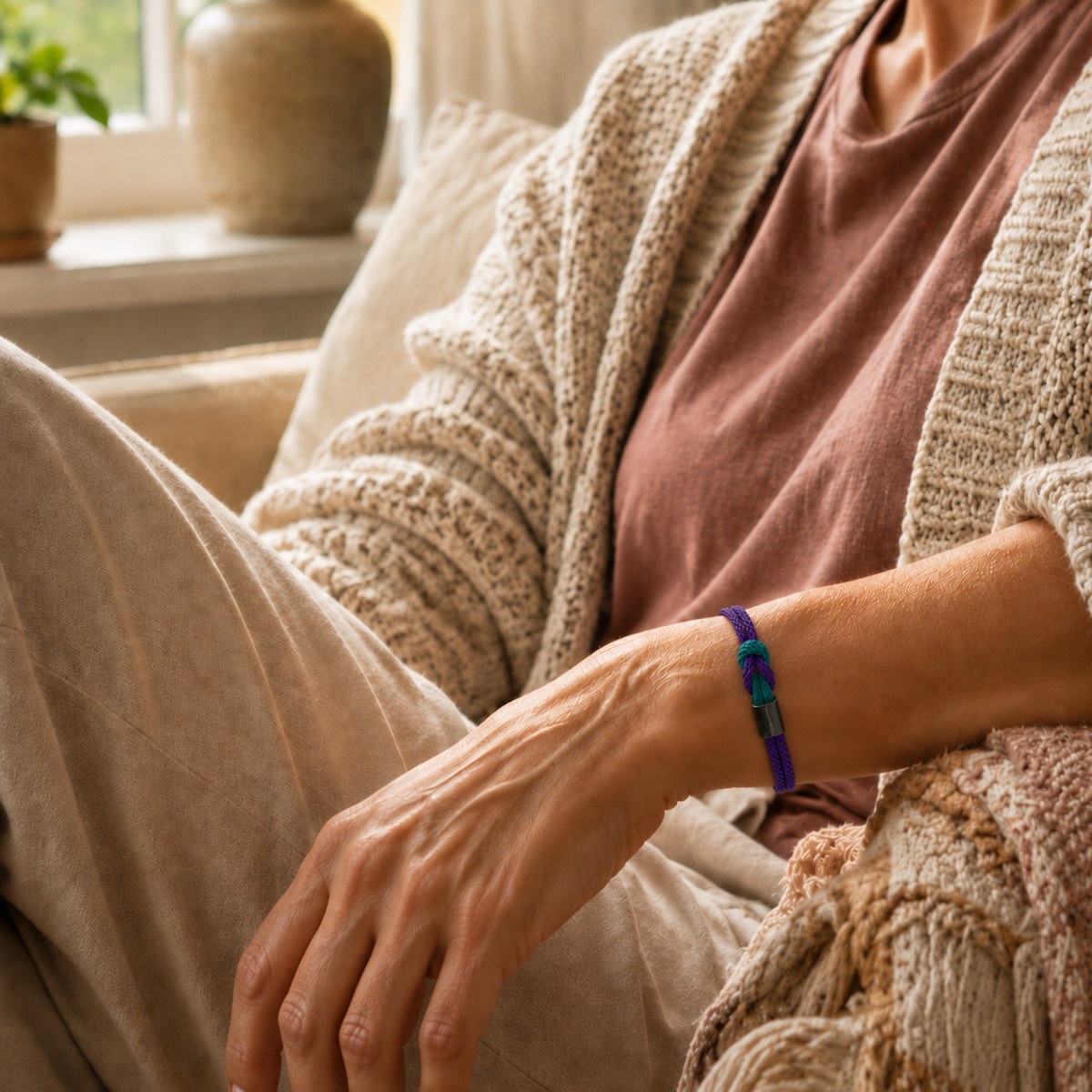 A woman wearing the Tomorrow Needs You bracelet in morning light