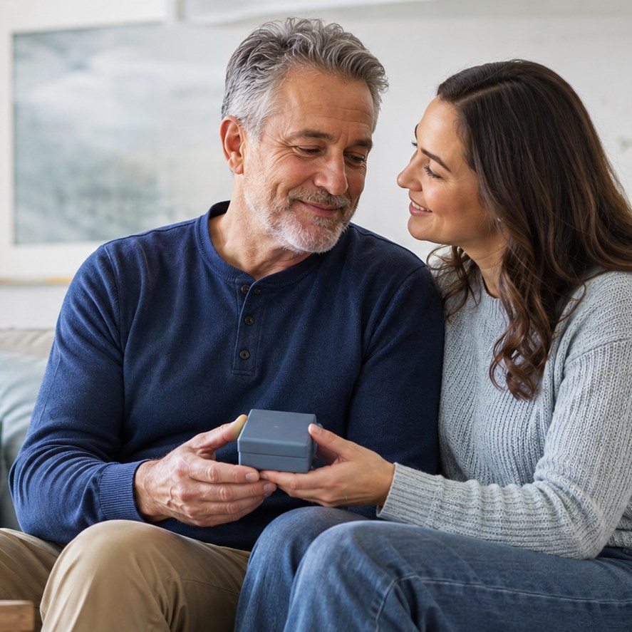 A daughter giving her father a bracelet in a gift box