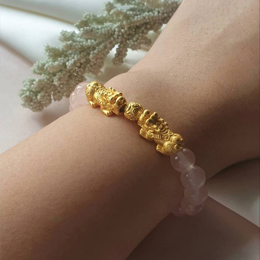 Brazilian Rose Quartz Double Pixiu Bracelet for Love, Wealth & Good Fortune