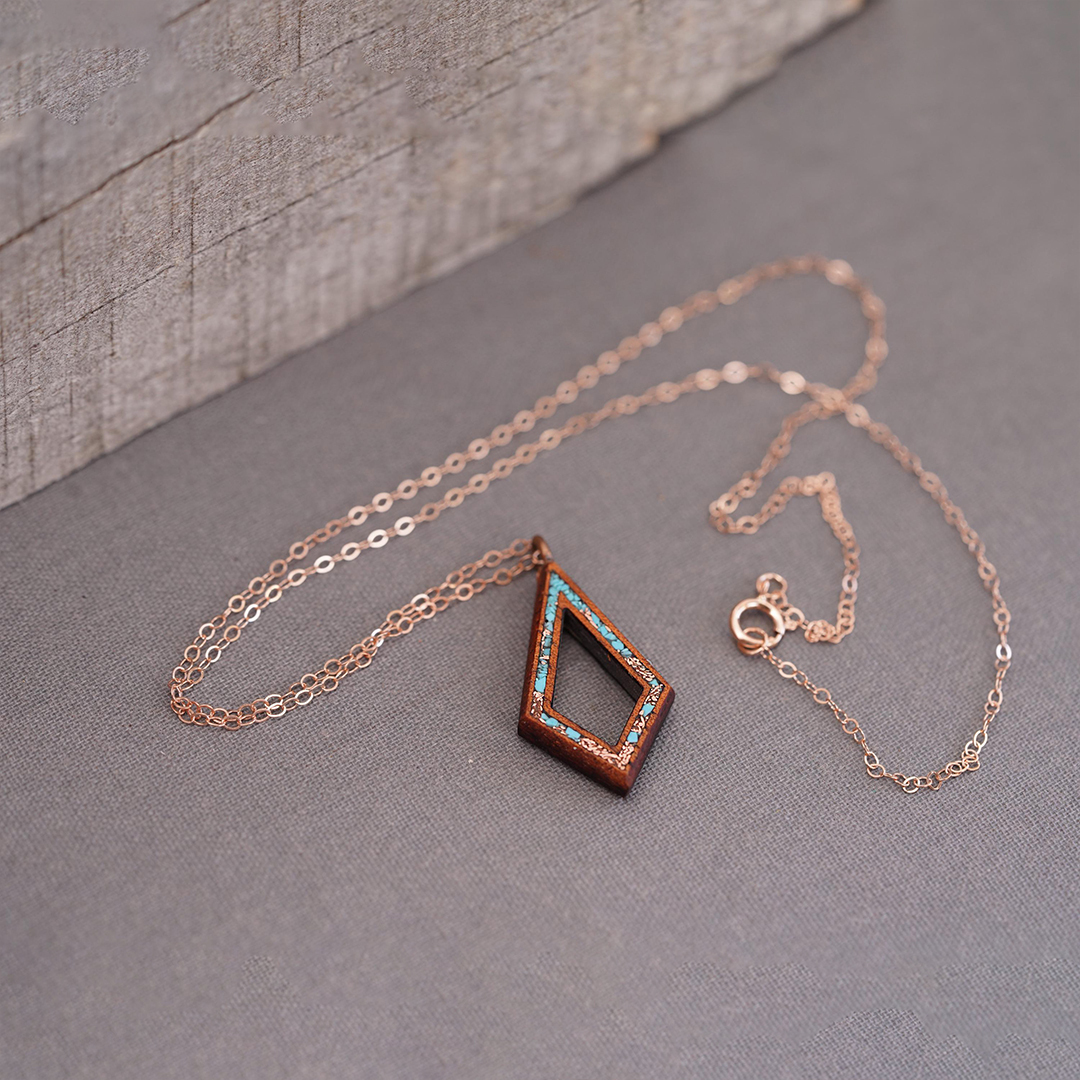 Turquoise and Copper Inlaid Koa Wood Teardrop Necklace