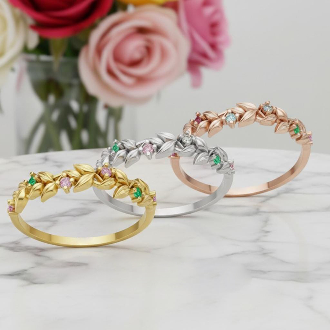 Family Roots Personalized 1-5 Leaf Birthstone Ring