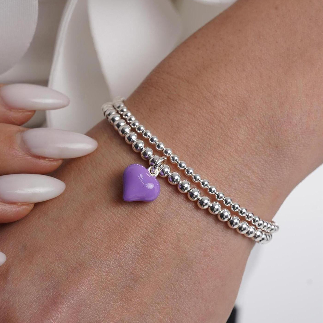 Lupus Awareness Silver Purple Puff Heart Charm Bracelet