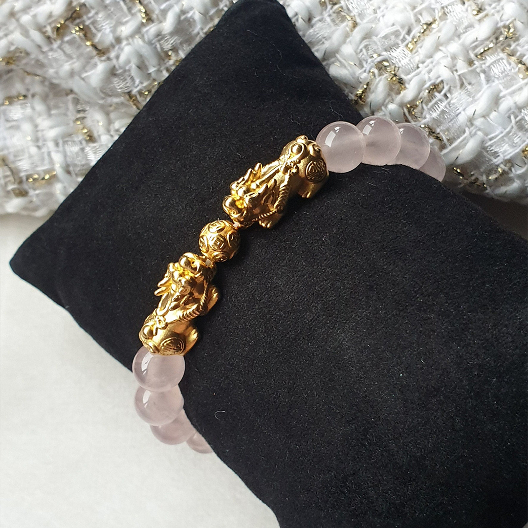 Brazilian Rose Quartz Double Pixiu Bracelet for Love, Wealth & Good Fortune