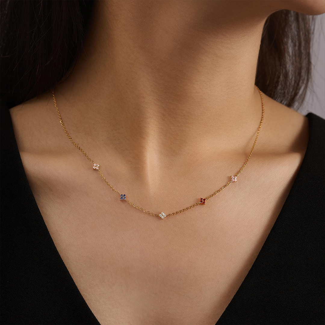 Personalized 1-6 Tiny Flower Shape Birthstones Family Necklace