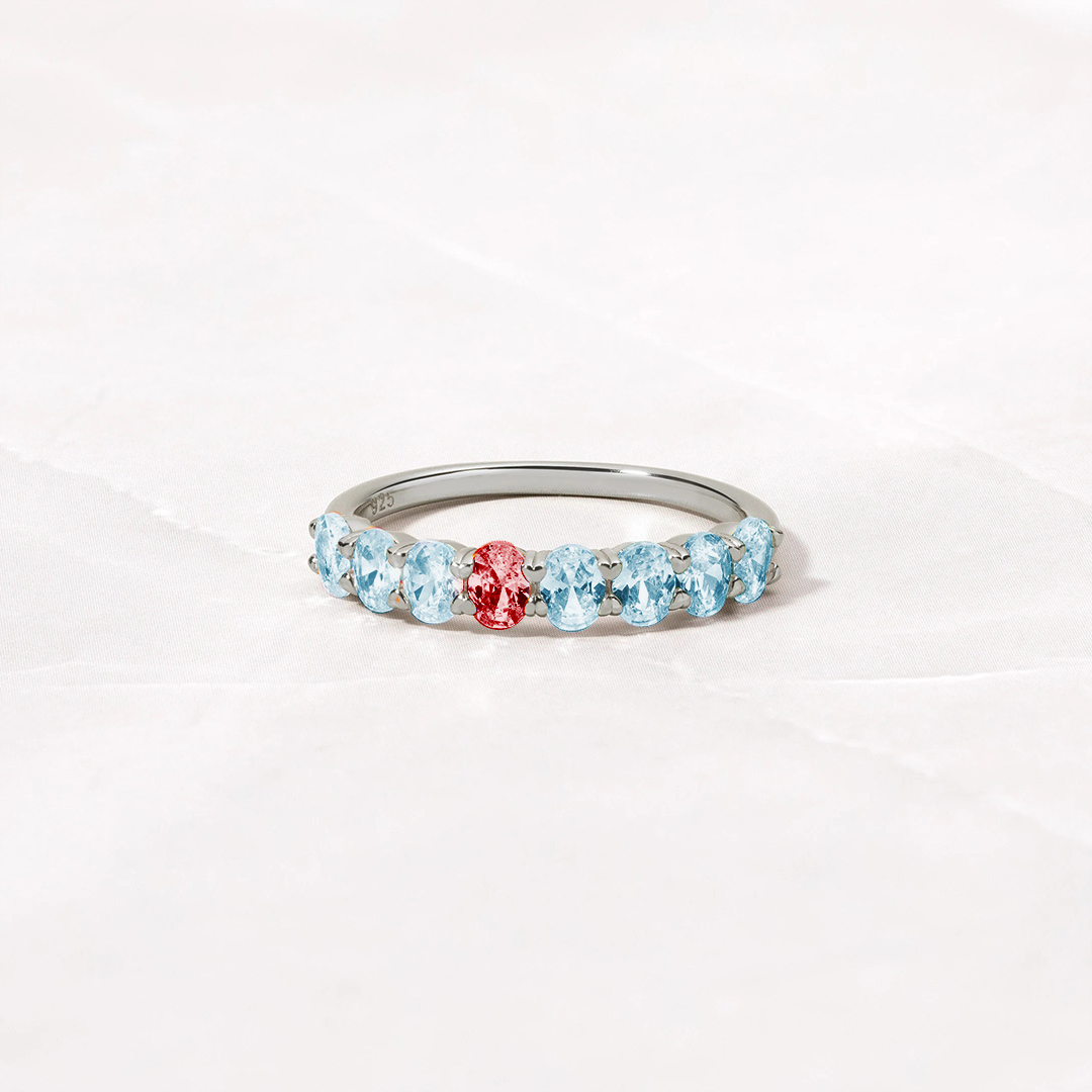 Diabetes Awareness Blue And Red Oval Diamonds Ring