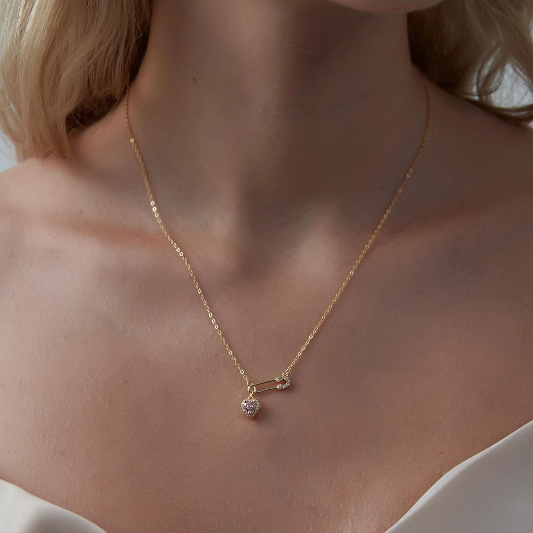 Pink Heart Safety Pin Friendship Necklace