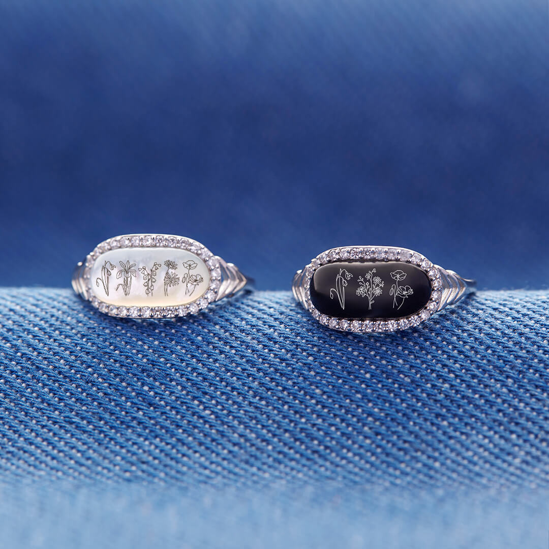 Family Wildflowers Garden Engraved Birth Flowers Shell Ring