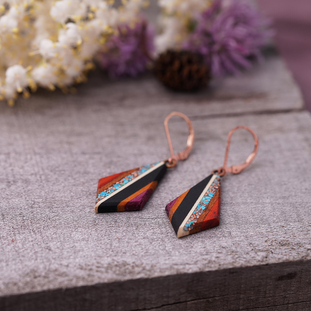 Striped Turquoise and Copper inlaid Bohemian Earrings