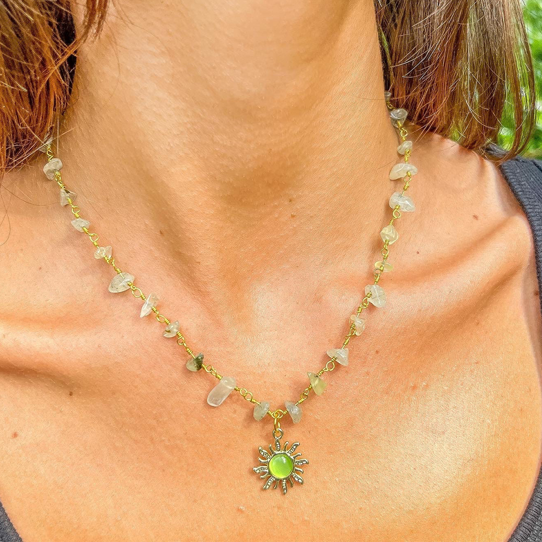 Kidney Disease Awareness Prehnite Gold Sun Crystal Necklace