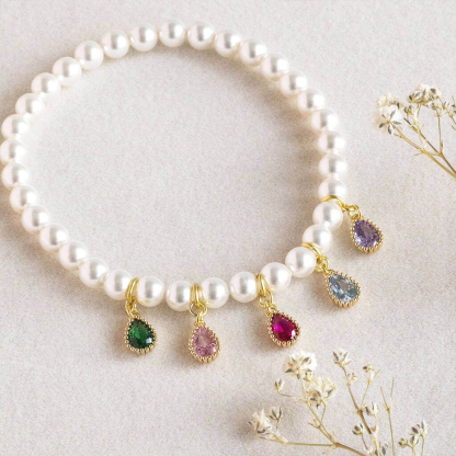 Custom 1-6 Teardrop Birthstones Pearl Bracelet