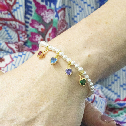 Custom 1-6 Heart Birthstones Pearl Bracelet